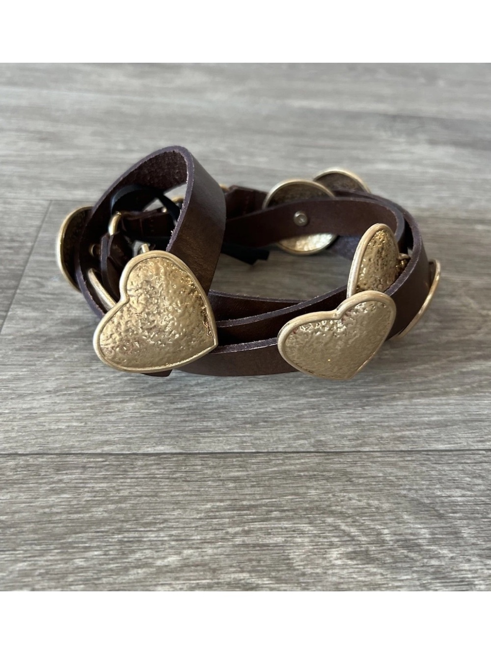 ZARA Hammered Gold Heart Drop Belt Brown Leather Size 85 Statement Design NWOT M - Picture 11 of 15